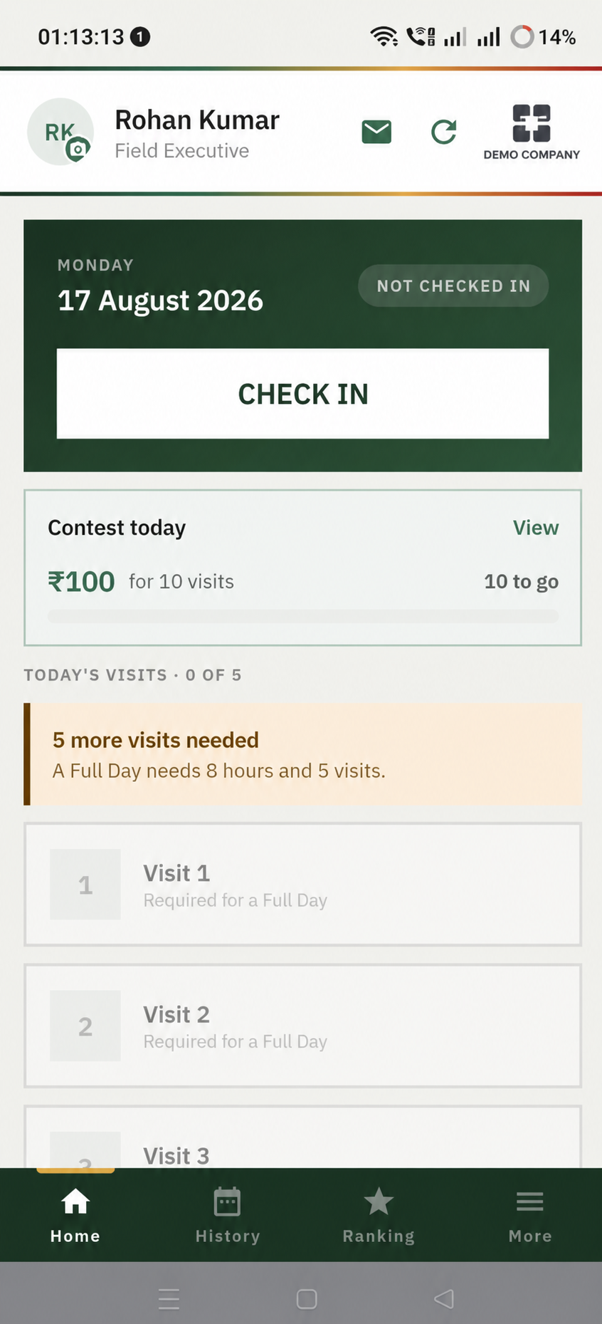 Employee view showing a field visit contest with a reward and progress target