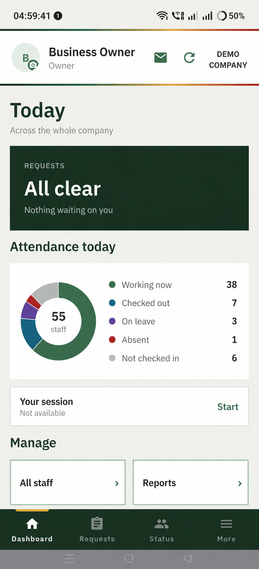 SlideHabit Android owner dashboard with attendance status and manager controls