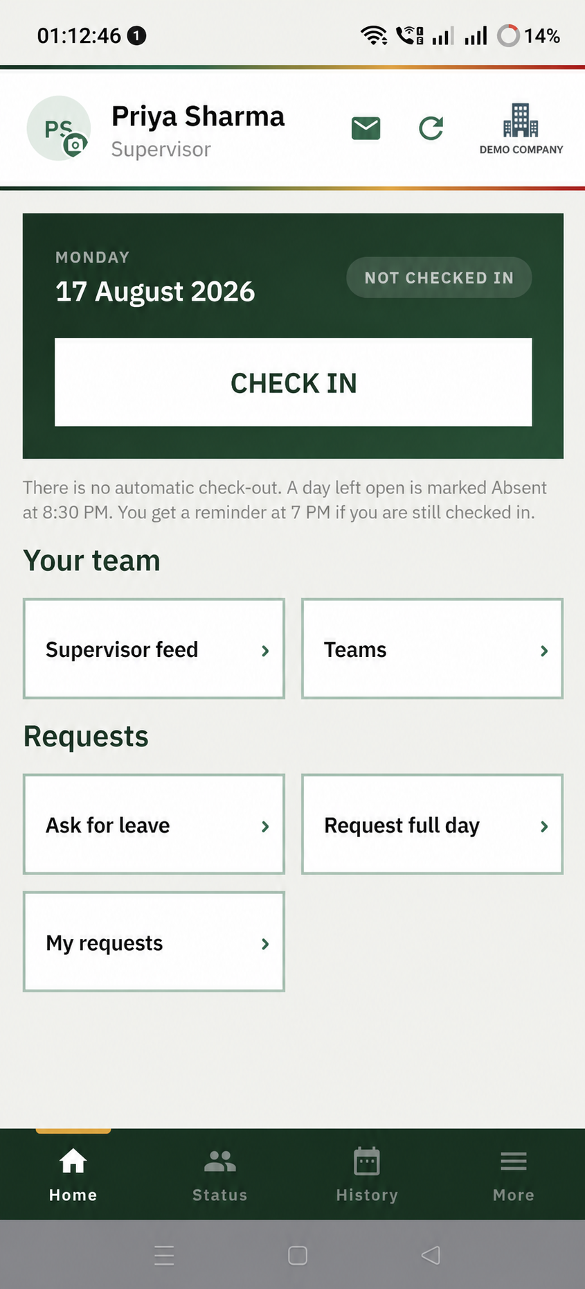 Supervisor home with team feed, teams and attendance request controls