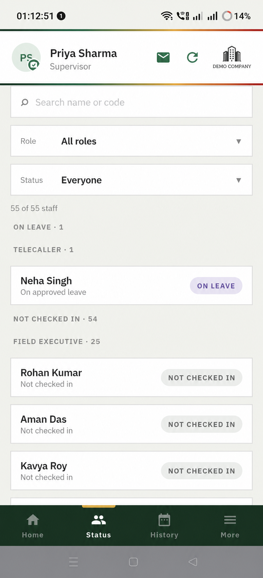 Supervisor staff status view with search, role filters and current attendance status